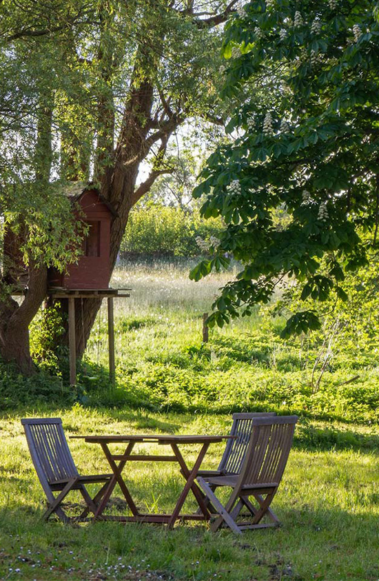 Idyllisch gepflegter Garten mit Sitzgruppe und Baumhaus nach dem professionellen Gartenservice.